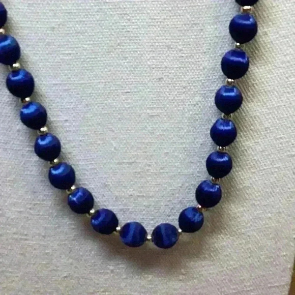 Blue Silk Thread Covered Beads with Gold Detail Necklace - Picture 2 of 3